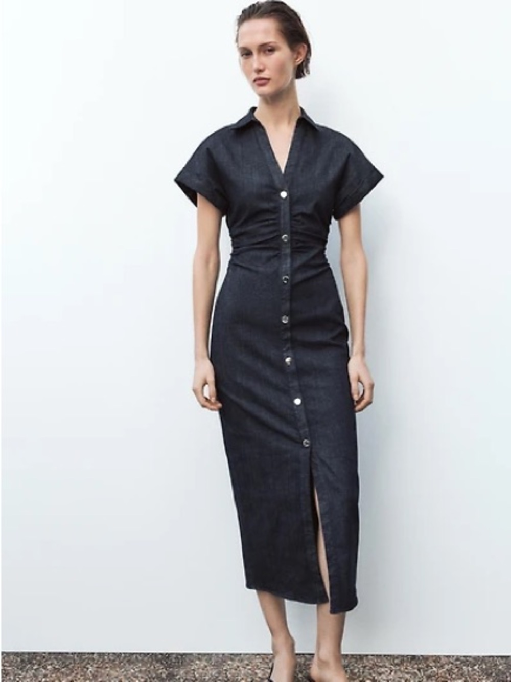 ZARA Dark Blue Denim Midi Shirt Dress - Picture 5 of 15
